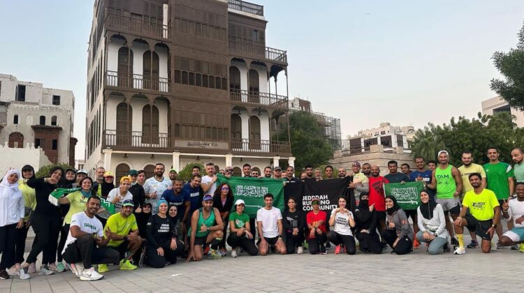 A picture of a group of people who joined the Jeddah Running Community on the Saudi National Day Run