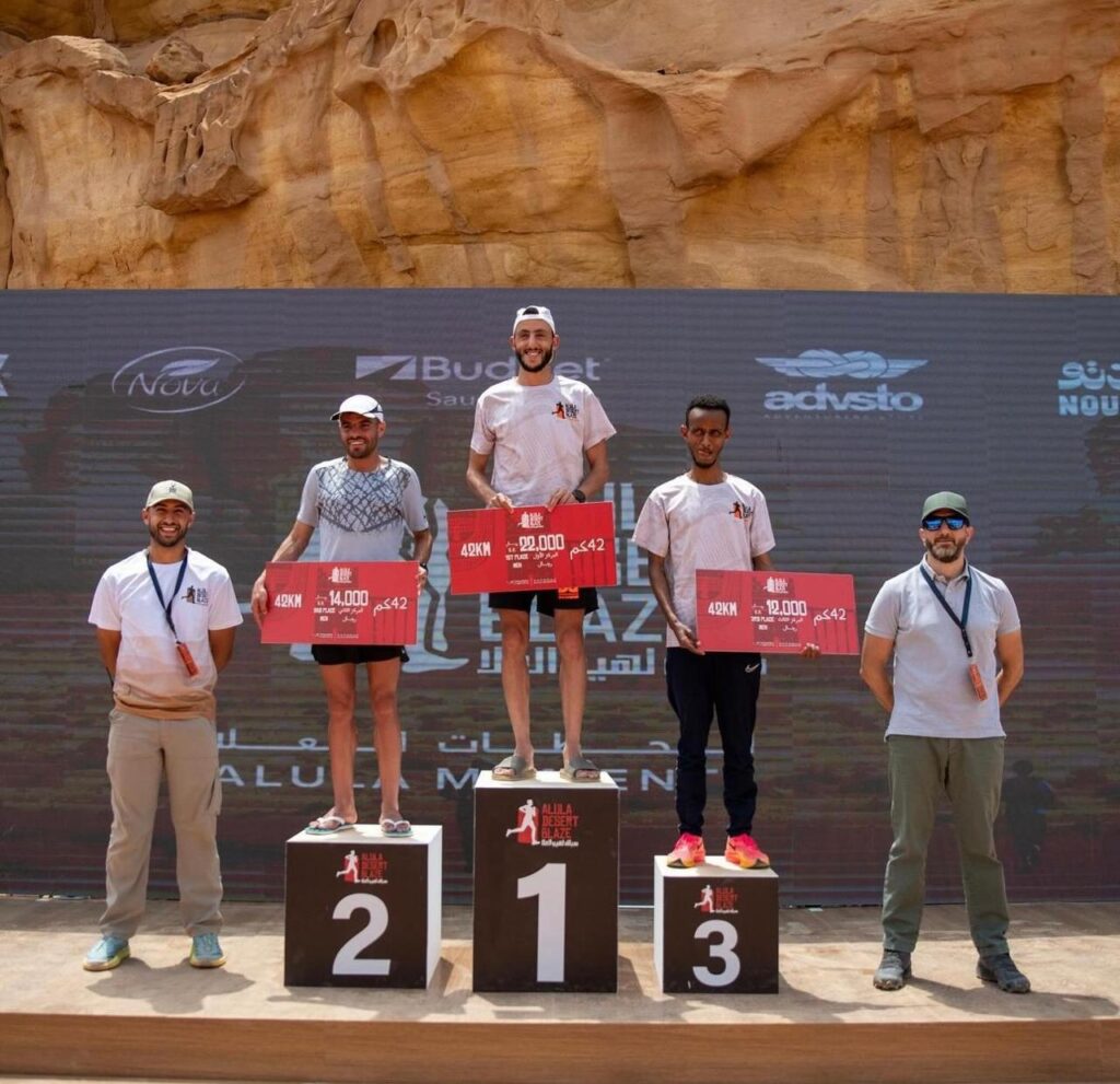 Male winners of the 42.2K AlUla Desert Blaze Marathon