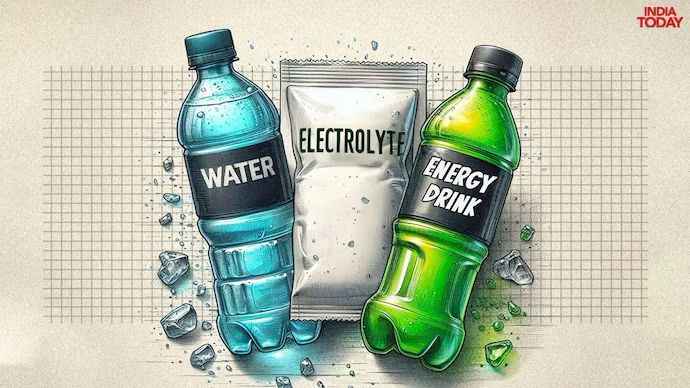 An Animation of a water bottle, energy drink and electrolyte