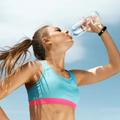 A woman drinking water for hydration to stay energized