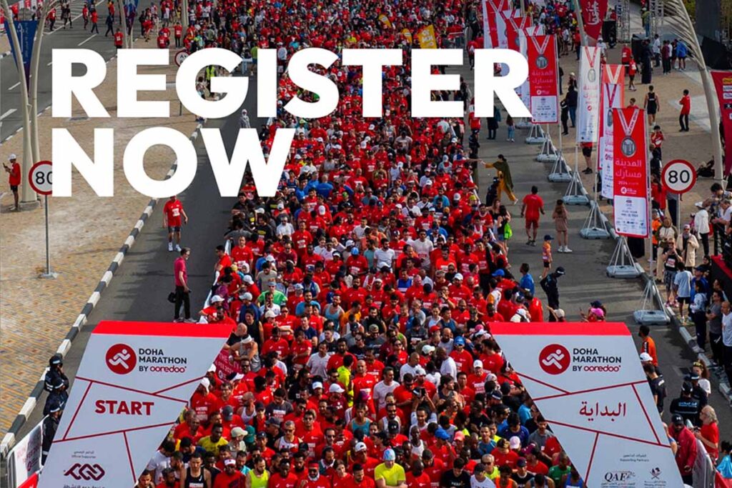 Participants running at the Doha Marathon by Ooredoo with the word "Register Now"