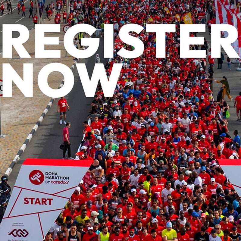 Participants running at the Doha Marathon by Ooredoo with the word "Register Now"