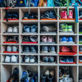 Different kinds of running gear in shelves